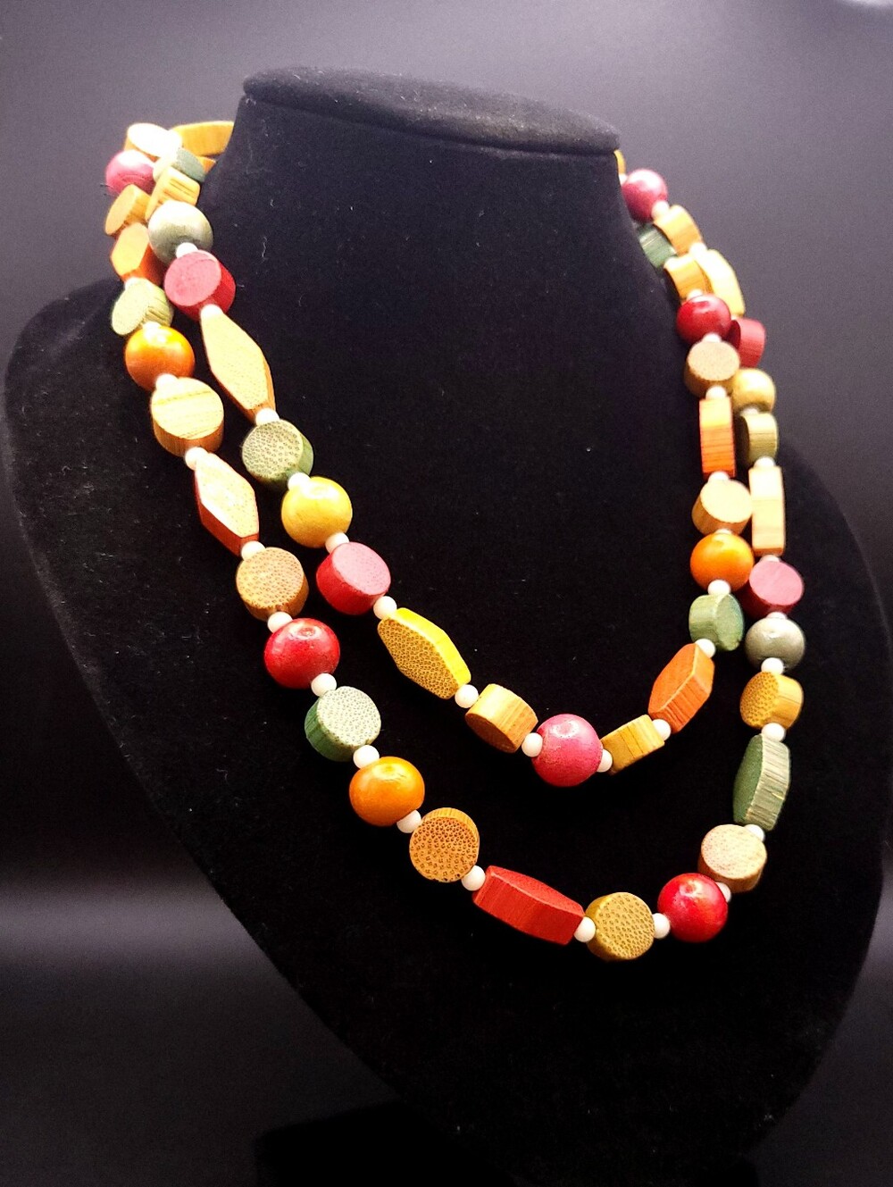 Vintage Bamboo & Wood Geometric Bead Necklace 34” Boho Artisan Earthy Necklace